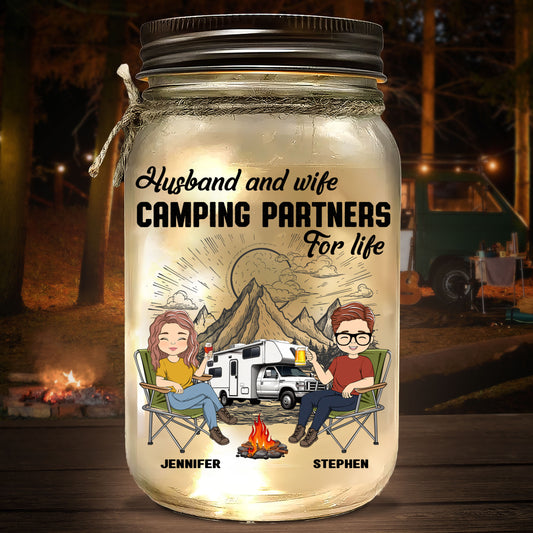 Husband And Wife Camping Partners For Life - Personalized Custom Mason Jar Light