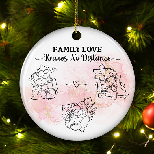 Family Love Knows No Distance Floral Version - Personalized Custom Circle Ceramic Ornament