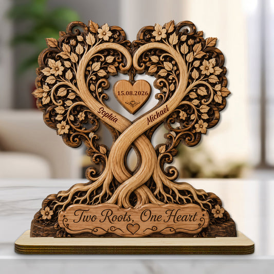 Couple Heart Tree - Personalized Custom 2-Layer Wood Plaque With Flat Base