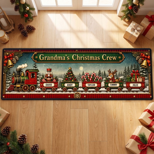 Custom Family Name Christmas Rug, Holiday Gift For Grandma Grandpa • Christmas Train Family - Personalized Runner Rug