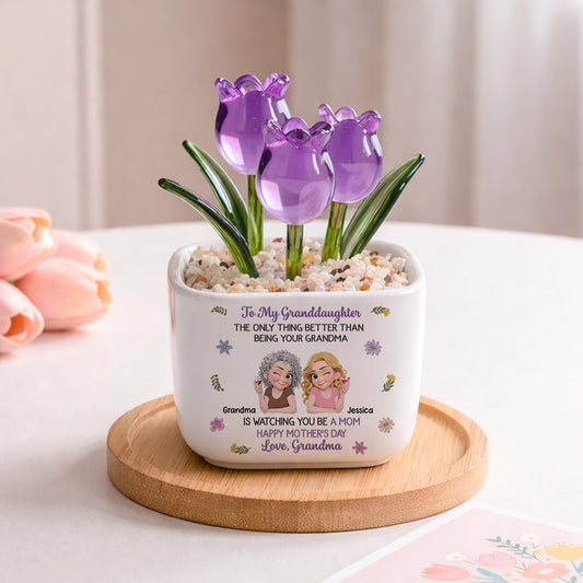 Grandma And Grandkid Linked Together Cartoon - Personalized Custom Glass Everlasting Tulips
