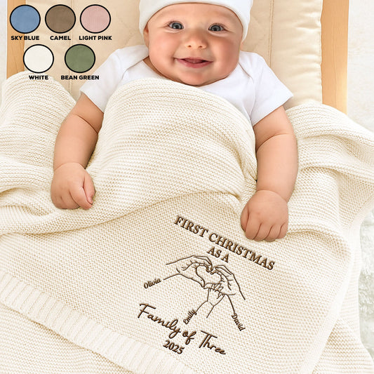 First Christmas Family Of Three - Personalized Embroidered Knitted Baby Blanket