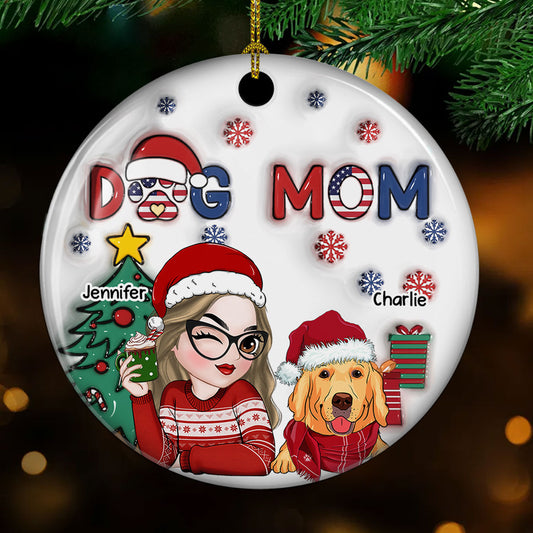 American Dog Mom Christmas - Personalized Custom 3D Inflated Effect Ceramic Ornament