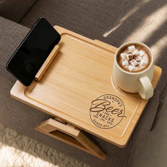Beer And Snacks Hands Off - Personalized Custom Engraved Wooden Couch Arm Table