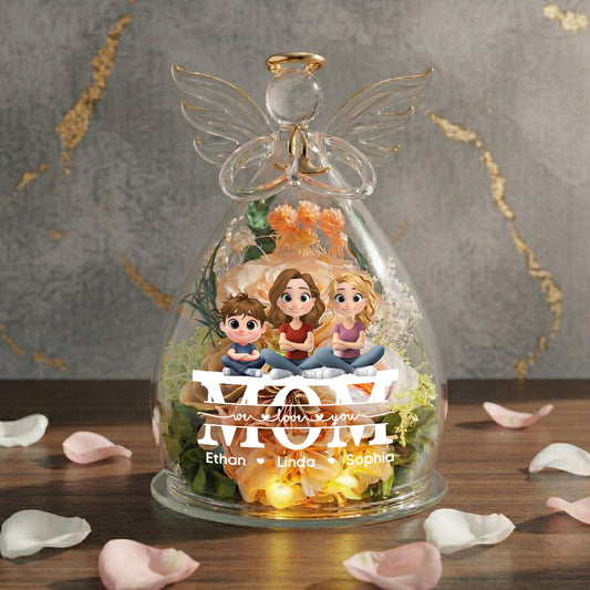 We Love You Mom - Personalized Custom Glass Angel Figurines Fresh Flowers