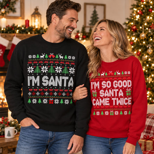 Custom Couple Christmas Sweatshirt, Anniversary Gift • Santa Came Twice - Personalized All-Over-Print Sweatshirt