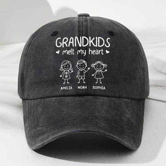 Grandkids Melt Grandpa Heart - Personalized Custom Vintage Washed Denim Cap