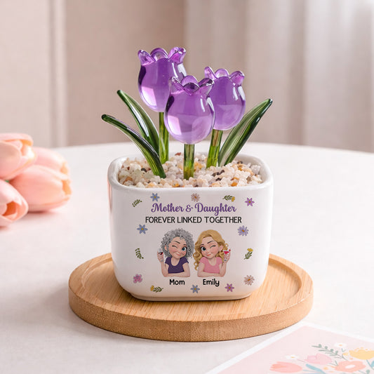 Mother And Daughter Linked Together Cartoon - Personalized Custom Glass Everlasting Tulips