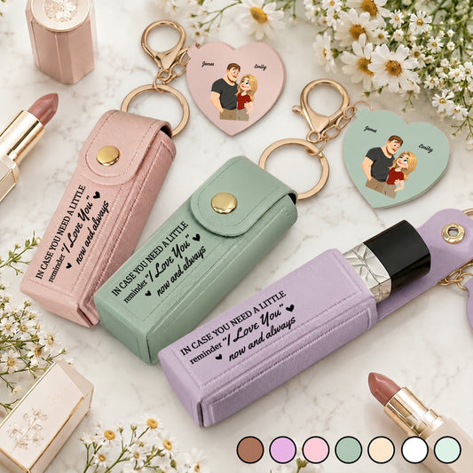 I Love You - Personalized Custom Leather Lipstick Case Keychain With Mirror
