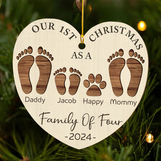 First Christmas As A Family Footprints - Personalized Custom Wood Ornament