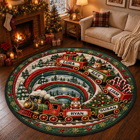 Custom Grandkid Name Christmas Rug, Holiday Decor Gift for Grandma • Magical Holiday Train - Personalized Quilted Mat