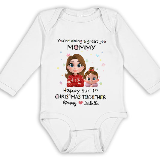 Mommy Is Doing A Great Job Cartoon Christmas - Personalized Custom Long Sleeve Baby Onesie