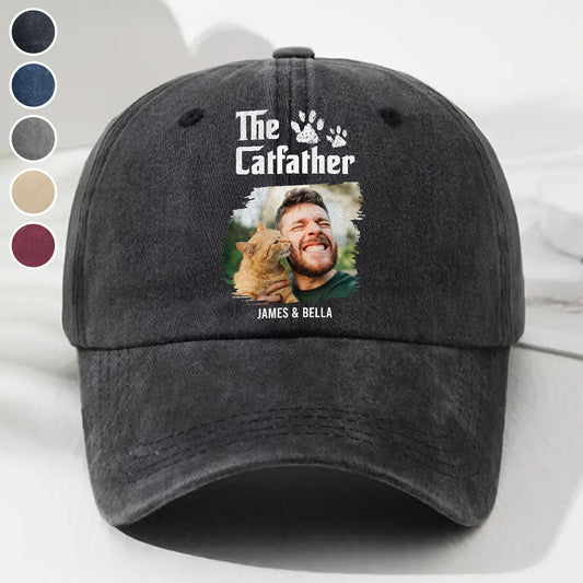 Cool Cat Father Retro Photo - Personalized Custom Vintage Washed Denim Cap