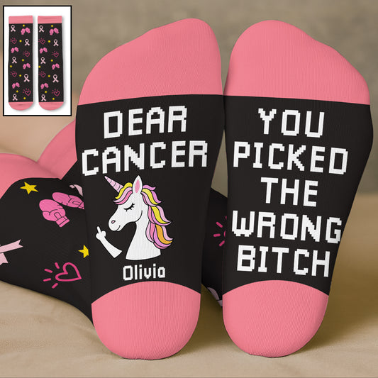 Cancer Picked Wrong Woman - Personalized Custom Crew Socks