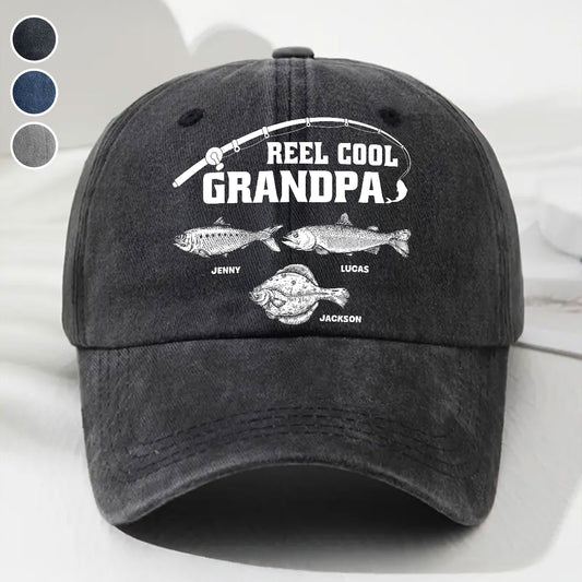 Reel Cool Papa - Personalized Custom Vintage Washed Denim Cap