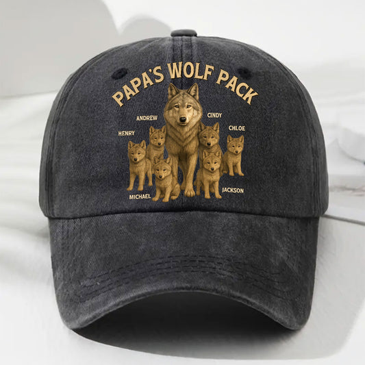 Papa’s Wolf Pack - Personalized Custom Vintage Washed Denim Cap