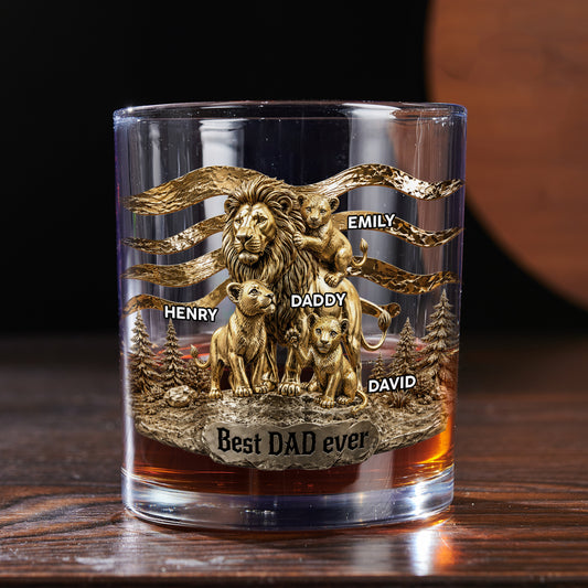 Lion Dad And Kids - Personalized Custom Whiskey Glass