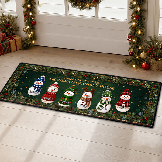 Custom Family Name Christmas Rug, Holiday Gift For Grandma Grandpa • Cozy Snowman Family - Personalized Runner Rug