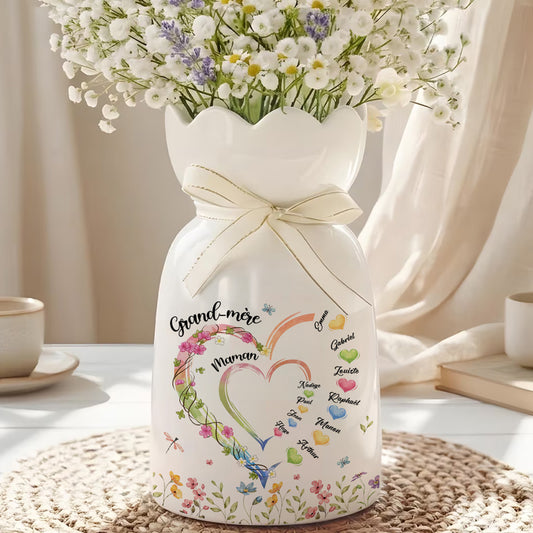 Cœur De Mamie - Vase À Fleurs Personnalisé Avec Ruban