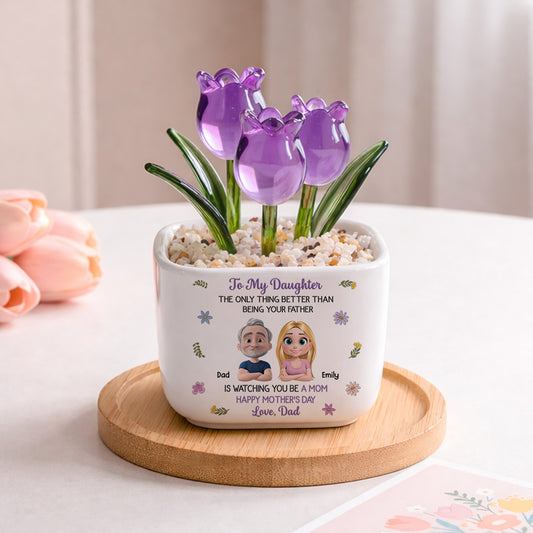 Dad And Daughter Linked Together Cartoon - Personalized Custom Glass Everlasting Tulips