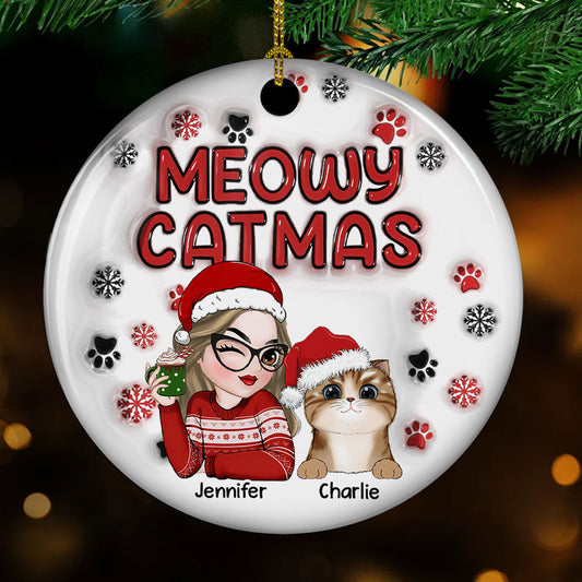 Meowy Catmas Cat Mom - Personalized Custom 3D Inflated Effect Ceramic Ornament