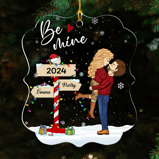 Winter Couple Hugging Kissing In The Snow - Personalized Custom Acrylic Ornament