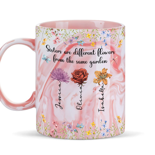 Sisters Are Different Flowers - Personalized Pink Marble Mug