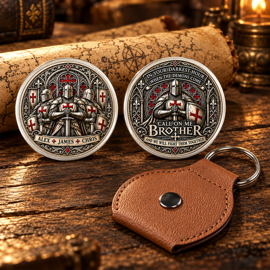 Custom Brother Coin Keychain, Friendship Birthday Gifts • Brothers Never Fight Battles Alone - Personalized 3D Printing Pocket Hug