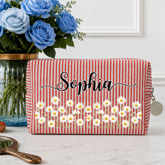 Born To Bloom - Personalized Custom Seersucker Print Makeup Bag