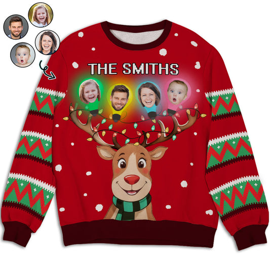 Family Custom Faces Light Reindeer Christmas - Personalized Custom All-Over-Print Sweatshirt