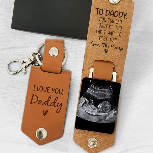 Daddy Cant Wait To Meet You From The Bump - Personalized Leather Photo Keychain