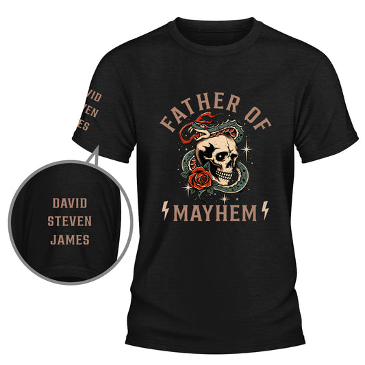 Fatherhood Fueled By Mayhem - Personalized Custom Shirt With Design On Sleeve