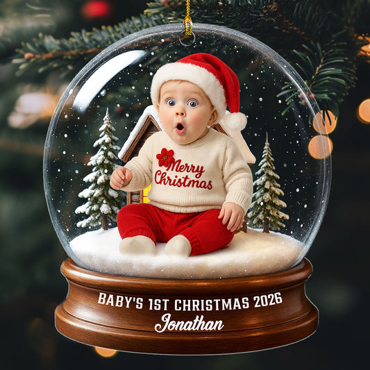 Custom Photo Baby Christmas Ornament for New Parents • Baby Christmas With Santa Suit - Personalized Acrylic Ornament