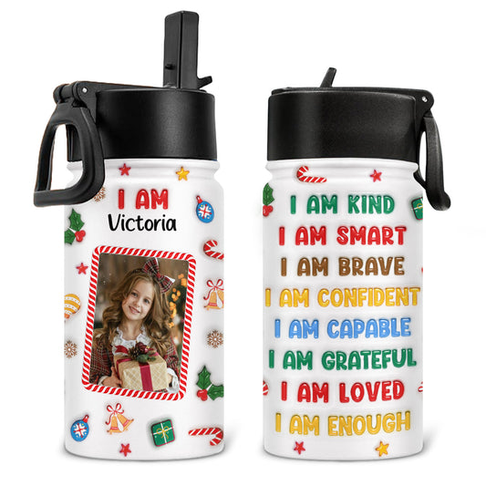 Kind Smart Loved Christmas Photo - Personalized Custom 3D Inflated Effect Kids Water Bottle