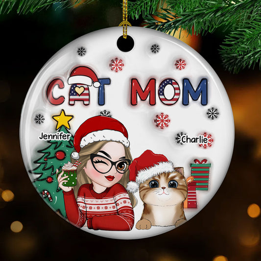 American Cat Mom Christmas - Personalized Custom 3D Inflated Effect Ceramic Ornament