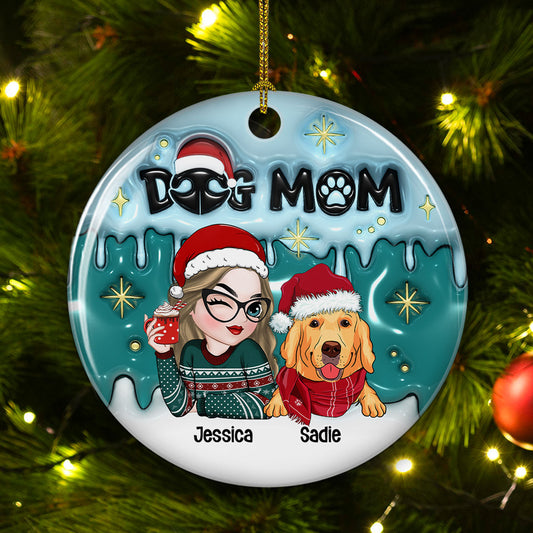 Holiday With Dog Mom - Personalized Custom 3D Inflated Effect Ceramic Ornament