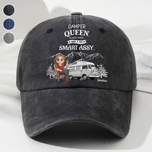 Truly A Queen Of Campers - Personalized Vintage Washed Denim Cap