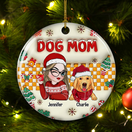 Dog Mom Snow - Personalized Custom 3D Inflated Effect Ceramic Ornament