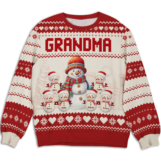 Grandma And Grandkids Snowman Christmas - Personalized Custom All-Over-Print Sweatshirt