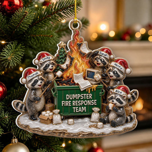 Custom Coworker Christmas Ornament, Team Appreciation Gift •  Dumpster Fire Crew Forever - Personalized 3D White Acrylic Ornament
