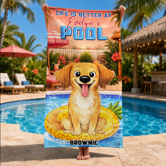 Stylized Cartoon Dog Pool - Personalized Custom Beach Towel