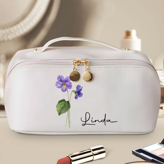 Birth Month Flower Version 2 - Personalized Custom Leather Makeup Bag