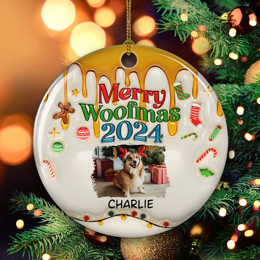 Happy Woofmas Photo - Personalized Custom 3D Inflated Effect Ceramic Ornament