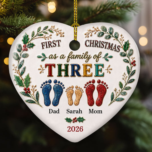 Custom Family Ornament, Christmas Gift for Family Members •  Our First Christmas 2026 - Personalized 3D Effect Heart Ceramic Ornament