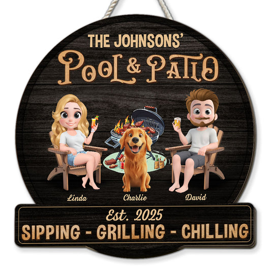 We At Pool And Patio With Dog - Personalized Custom Wood Sign