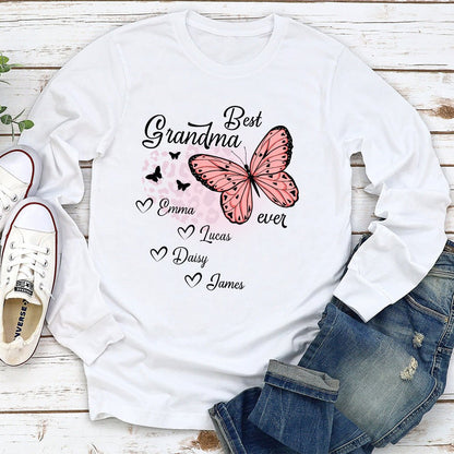 Best Grandma Ever Butterfly - Personalized Custom Long Sleeve T-shirt - Blithe Hub