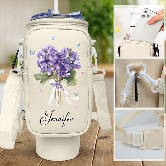 Birthmonth Flower With Name - Personalized Custom Water Bottle Carrier Bag