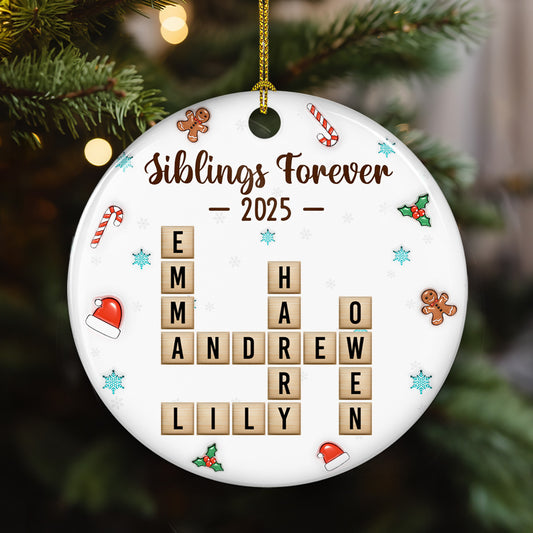 Siblings Forever Christmas Crossword - Personalized Custom 3D Effect Ceramic Ornament