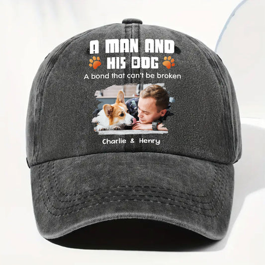 Human And Their Dog Cartoon Photo - Personalized Custom Vintage Washed Denim Cap