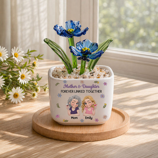 Mother And Daughter Linked Together Cartoon - Personalized Custom Glass Birth Month Flower